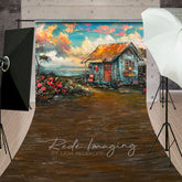 Aperturee - Aperturee Oil Painted Blue Sky Beach Shack Floral Sweep Backdrop